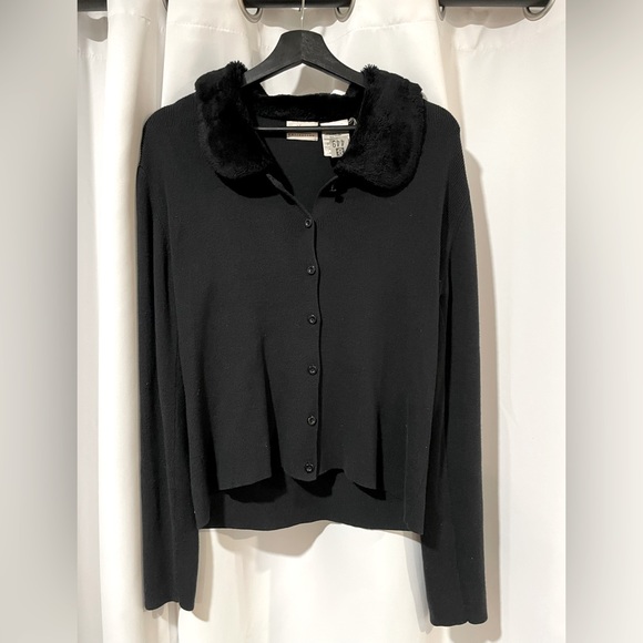 Kathy Lee Collection Sweaters - Vintage Kathy Lee Black Button Up Sweater Cardigan with Faux Fur Collar